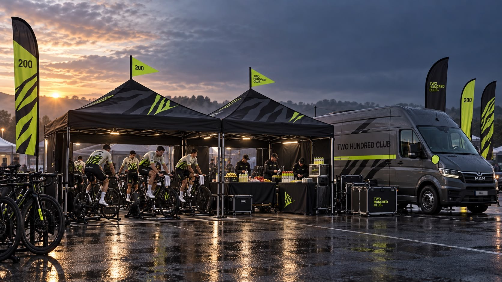 Paddock do Two Hundred Club ao amanhecer: duas tendas pretas com padrão lima, atletas a aquecer nos rolos, mesa de nutrição e a carrinha da equipa.